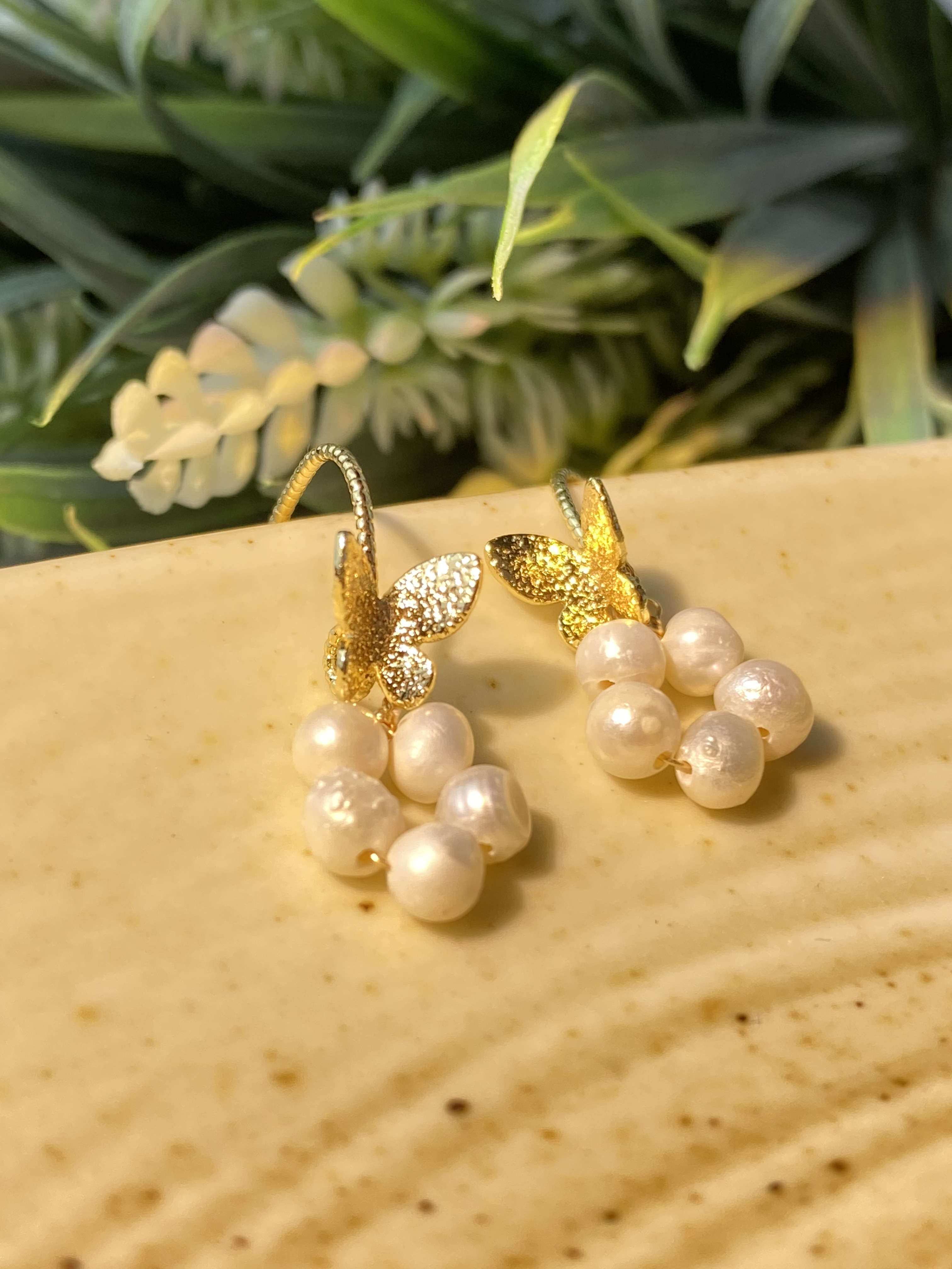 Tiny pearl with butterfly earrings, dangle earrings