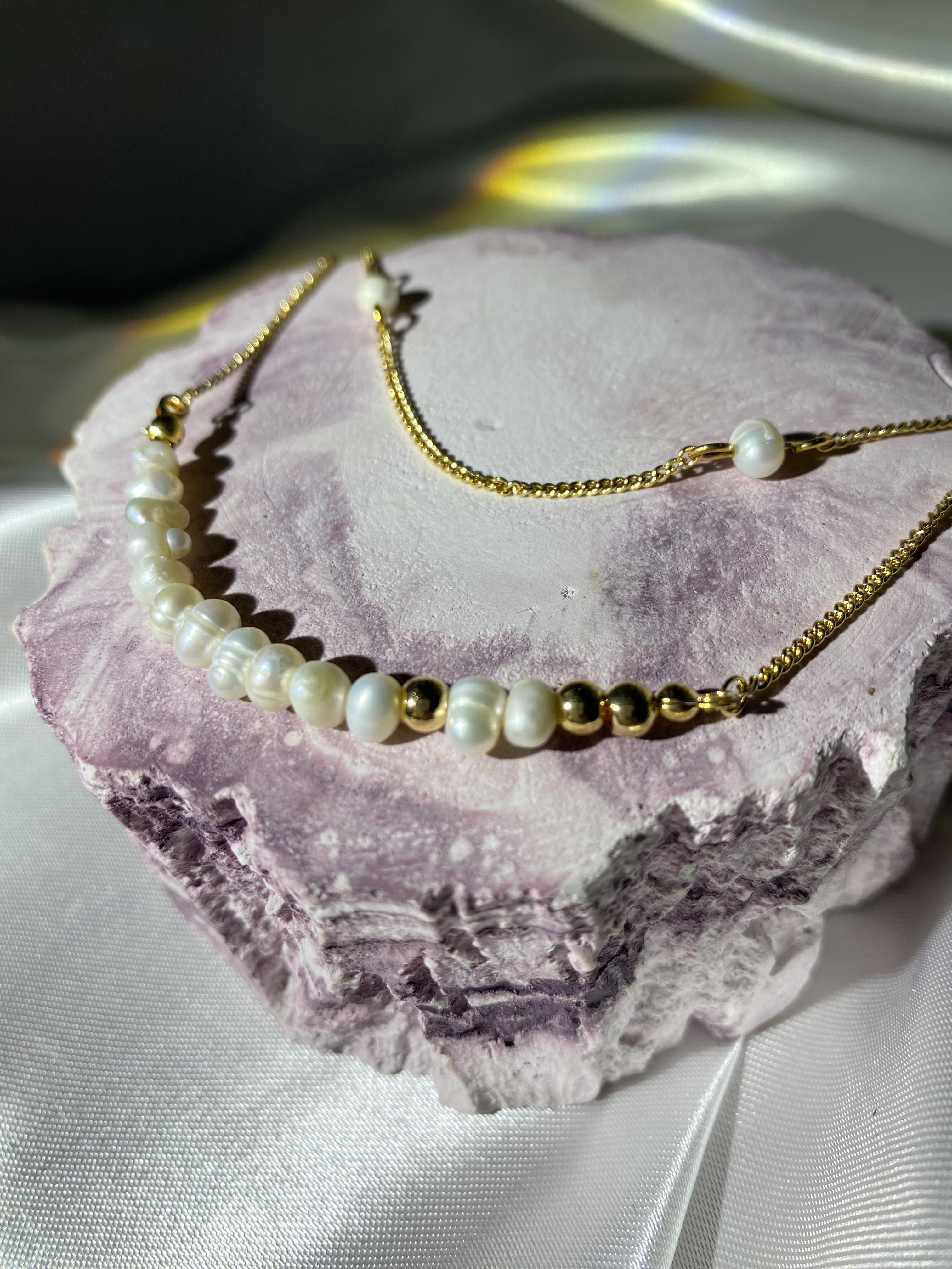 Two layer pearl necklace, gold plated necklace