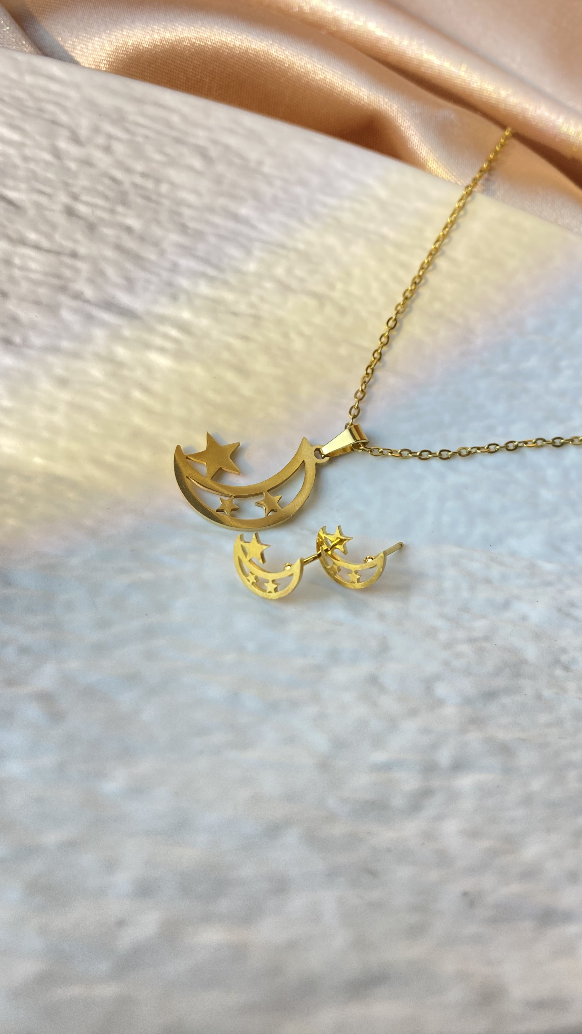 Moon and stars 14k gold plated necklace/earrings set, dainty jewelry