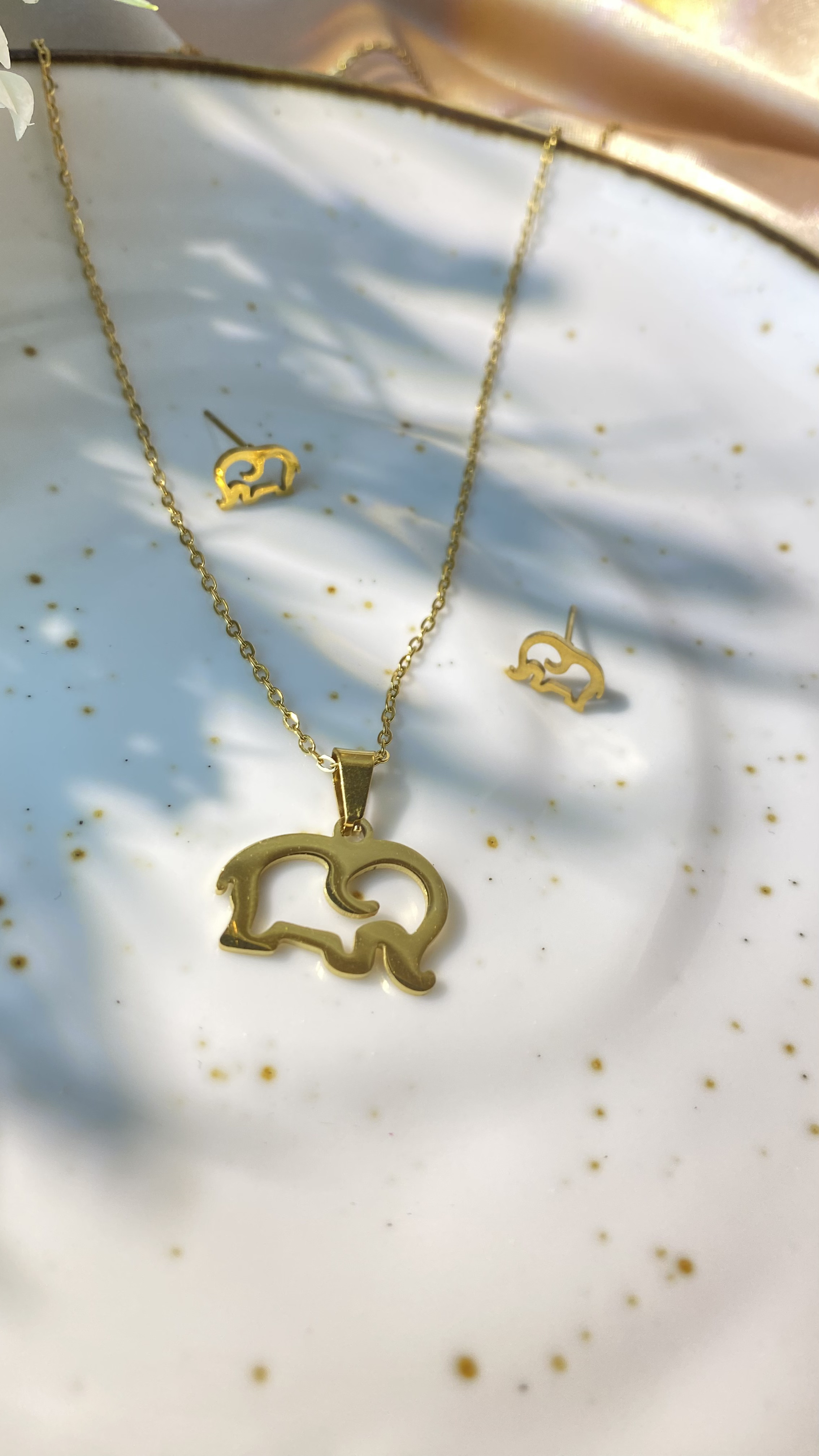 14k Gold Plated Elephant Necklace/earring set, Cute Elephant Necklace, Animal Jewelry