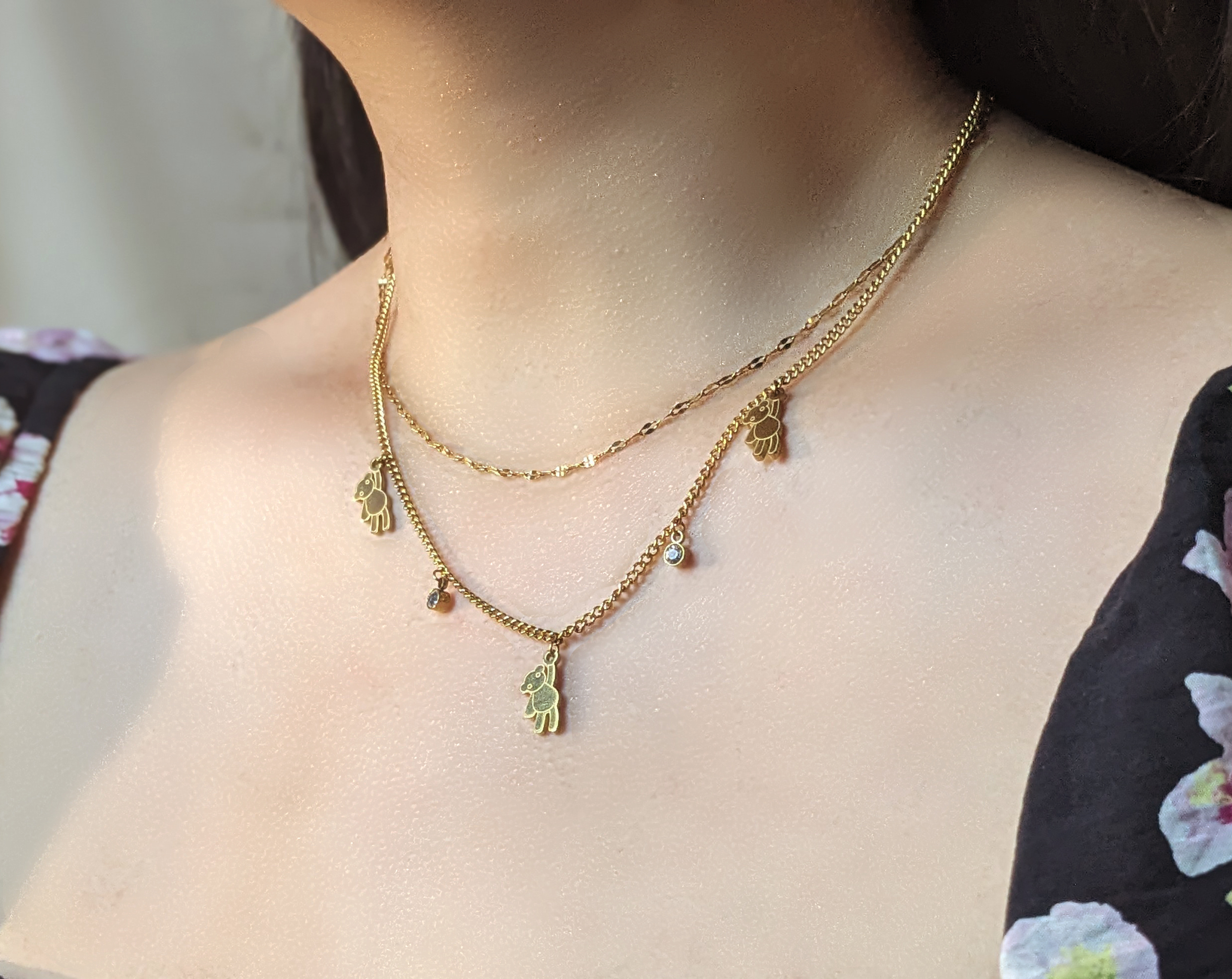 Two layer gold plated necklace with bears and CZ, cute necklace 