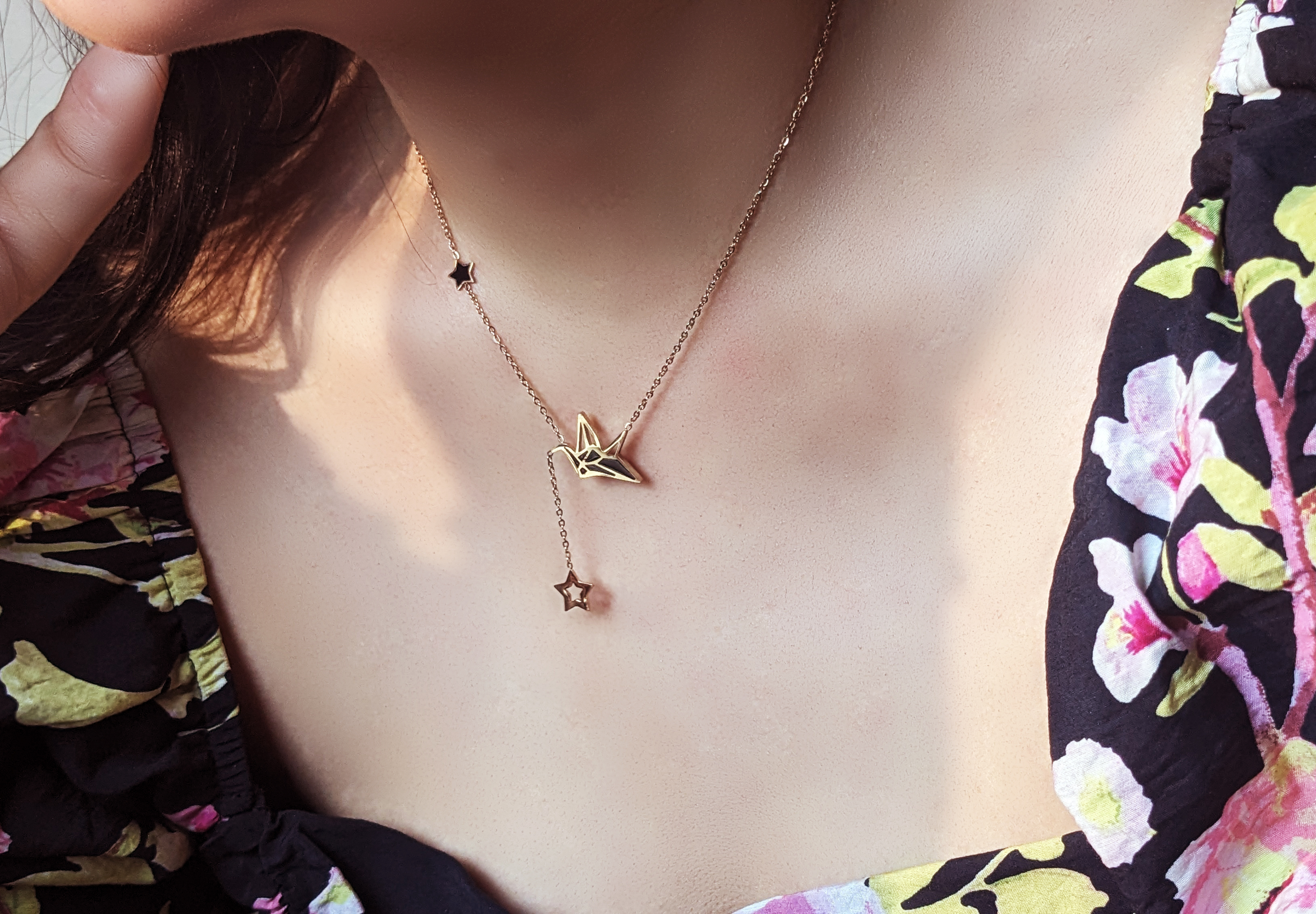 Origami necklace 18k Gold plated, delicate bird and star necklace, minimalist necklace